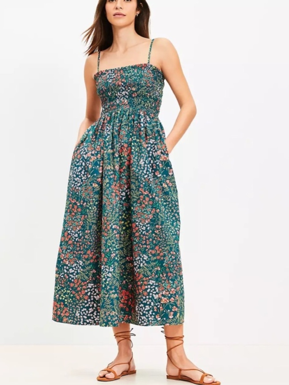 LOFT Green Floral Smocked Midi Dress Size Medium